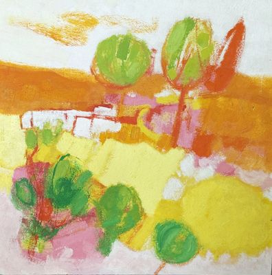 une peinture représentant un arbre jaune et vert sur un fond rose et jaune