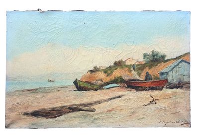 une peinture de bateaux sur la plage au bord de l'eau
