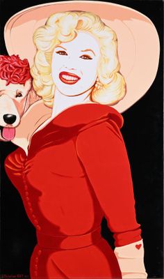 tableau représentant une femme en robe rouge tenant un caniche blanc