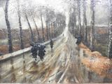 a painting of two people walking down a road in the rain