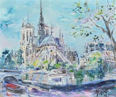 painting of a painting of a cityscape with a river in the foreground