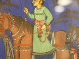 a painting of a man riding a horse with a spear