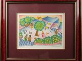 painting of children playing in a park in a red frame
