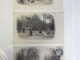 three pictures of a group of people riding horses in a field