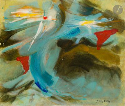 une peinture abstraite représentant une femme en robe bleue