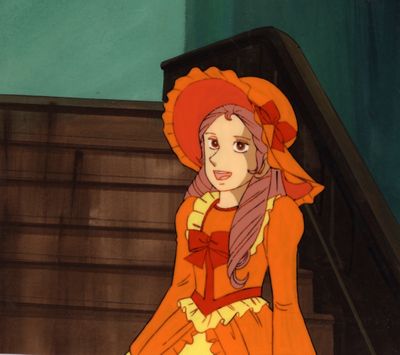 dessin représentant une femme portant un chapeau rouge et une robe orange, assise sur une marche d'escalier
