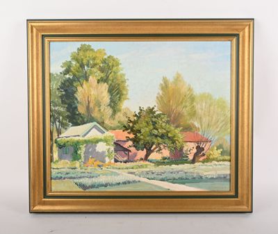 une peinture à l'huile représentant une scène de ferme avec une maison à l'arrière-plan