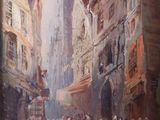peinture d'une scène de rue dans une ville européenne avec des gens marchant dans la rue