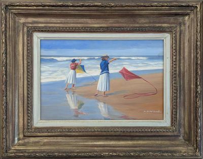 tableau représentant deux femmes faisant voler un cerf-volant sur la plage