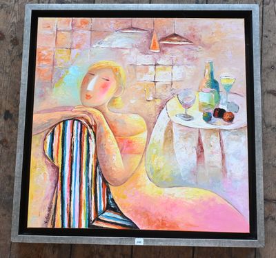 tableau représentant une femme assise sur une chaise devant une table sur laquelle se trouve une bouteille de vin