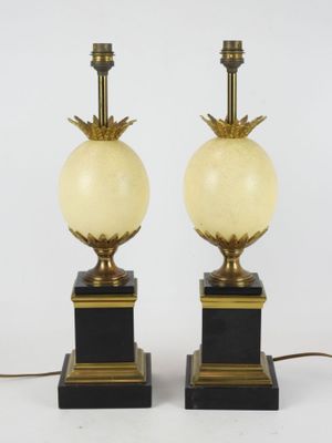 pair of antique brass and marble lamps with pineapple lampshads