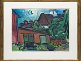 une image représentant une peinture d'une maison avec une pleine lune en arrière-plan