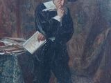 an old painting of a man reading a book in front of a table