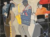painting of a jazz band playing on stage with a red umbrella in the background