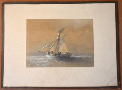 painting of a sailboat in the ocean with a sky background