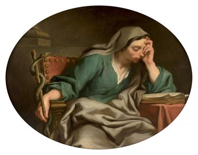 an image of a painting of a woman sitting at a table with a book