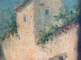 painting of a building with a red roof and a blue sky in the background