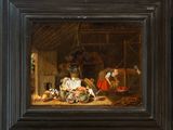 une image représentant un tableau où l'on voit un homme et une femme dans une grange