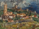 an image of a painting of a town on a hill