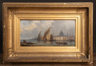 an oil painting of boats in a harbor with a city in the background