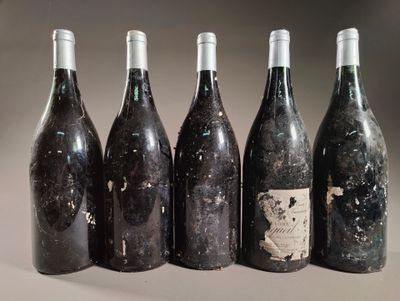 six bouteilles de vin sont alignées sur une table