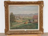 an image of a painting of a farm scene in a gold frame