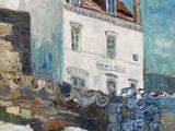 an oil painting of a white building with a red roof and a blue tractor parked in front of it