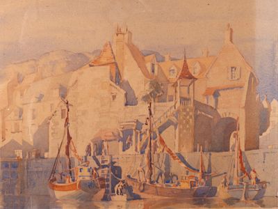 a watercolor painting of a harbor with boats in it
