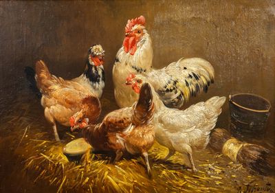 tableau représentant un groupe de poulets en train de manger dans un bol dans une grange