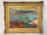an image of a painting of a beach scene with people on the shore