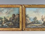 deux tableaux encadrés représentant un paysage avec une rivière et des montagnes