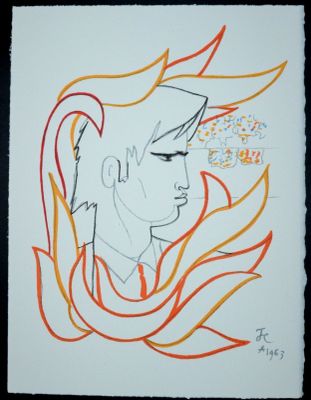 dessin représentant un homme dont les cheveux sont en feu