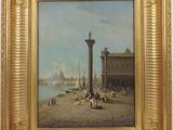 an image of a painting of a view of a city with a column in the foreground