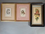 three framed pictures of a woman and a man with flowers and leaves