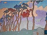 an image of a painting of a woman standing in front of trees