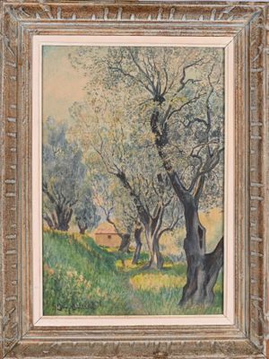 une peinture à l'huile représentant des arbres dans un champ, avec une maison en arrière-plan