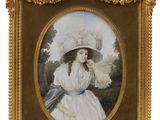 an old picture of a woman in a white dress and hat