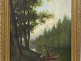 une peinture à l'huile représentant une scène fluviale avec un homme dans une barque sur l'eau