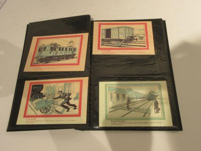 four different pictures of a train on display on a table