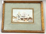 painting of a horse drawn carriage in a snowy landscape with a church in the background