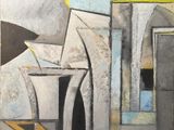 a painting of a vase on a table next to a window
