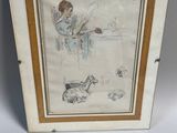an old picture of a woman sitting at a table with a cat