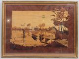 painting of a river scene with a boat in the foreground