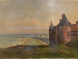 an image of a painting of a castle on a hill overlooking the ocean
