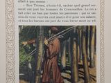 an old book with a picture of a man in a brown coat holding a sword