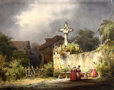 une peinture représentant une croix au cœur d'un village