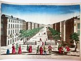an old drawing of a city street with people walking on it