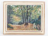 an oil painting of a wooded scene with trees and leaves on the ground