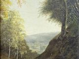 une image représentant un tableau d'un chemin de terre dans une zone boisée