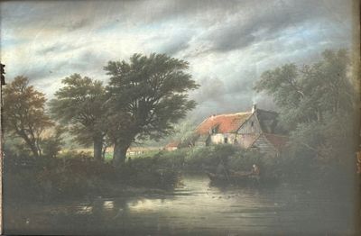 a picture of a painting of a house by the water